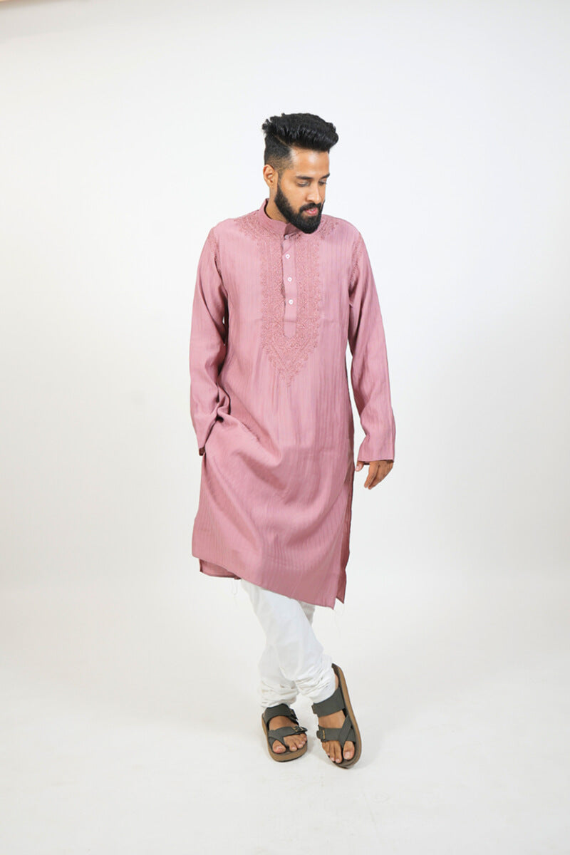 Dusty Rose Mul Cotton Chikankari Men Kurta