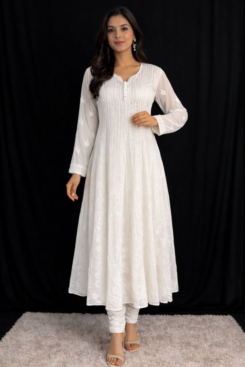 Pure Georgette White Anarkali Kurti with Pearl & Cutdana Work