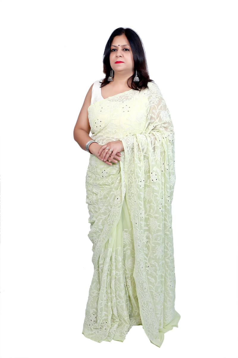 Lime Pastel Georgette Chikankari Saree with Mukesh Work