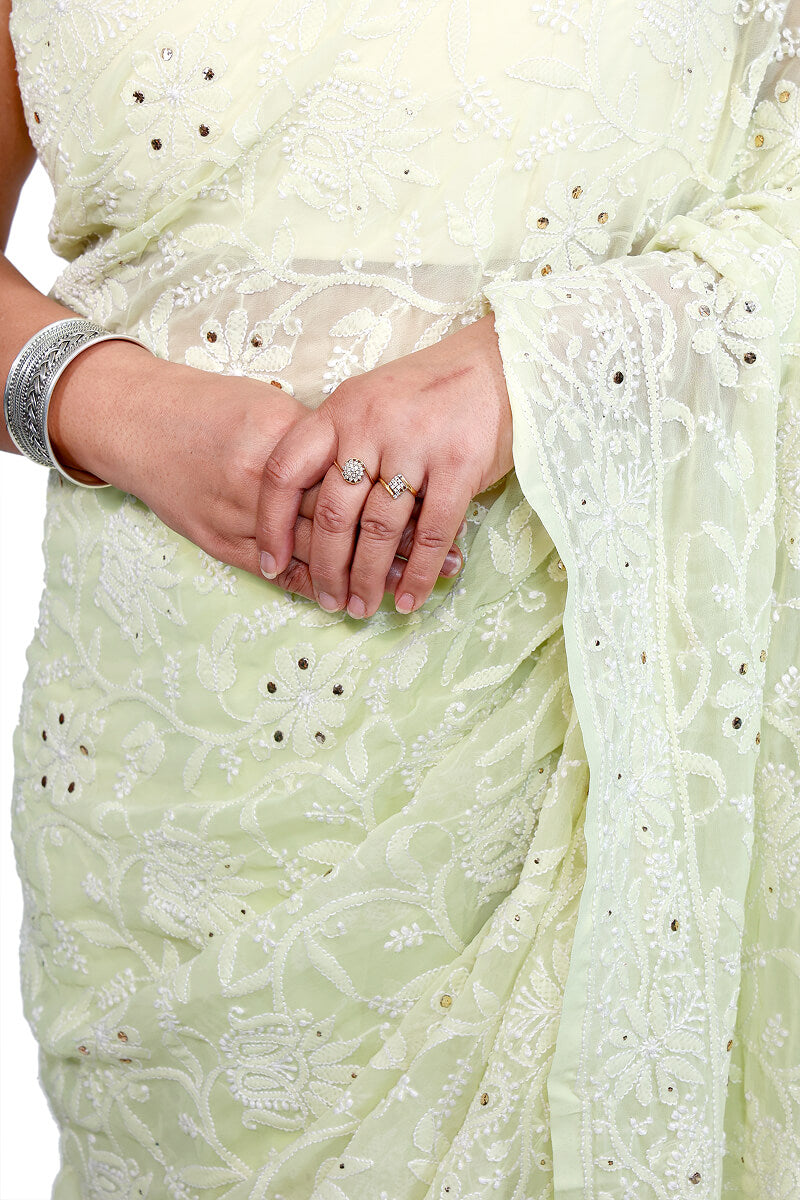 Pastel Lime Georgette Chikankari Saree with Mukesh Work