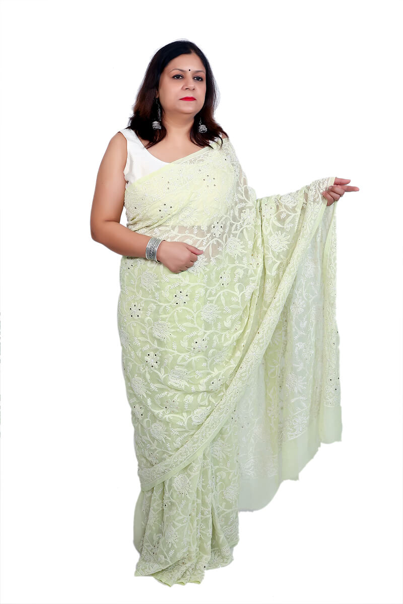 Pastel Lime Georgette Chikankari Saree with Mukesh Work