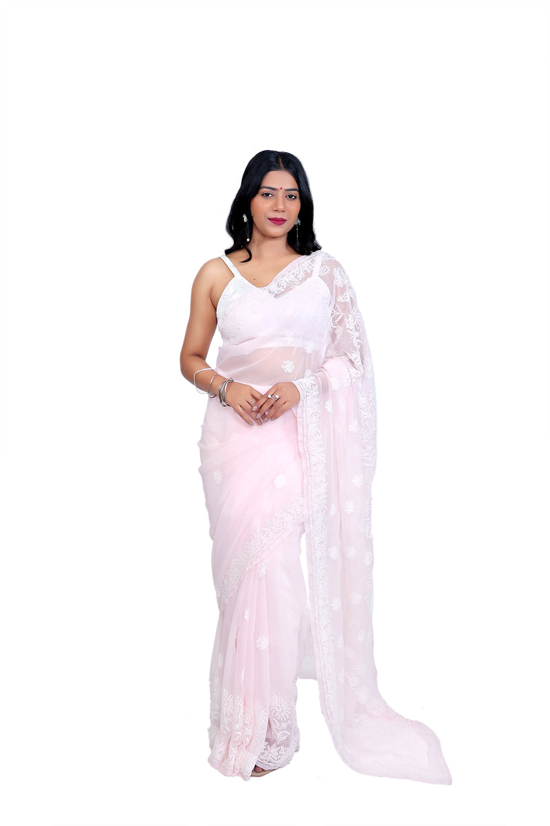 Baby pink Saree with floral Chikankari Embroidery