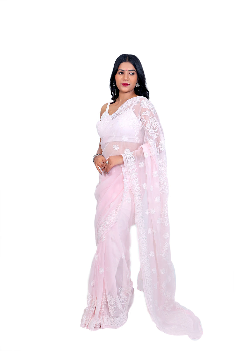 Baby pink Saree with floral Chikankari Embroidery