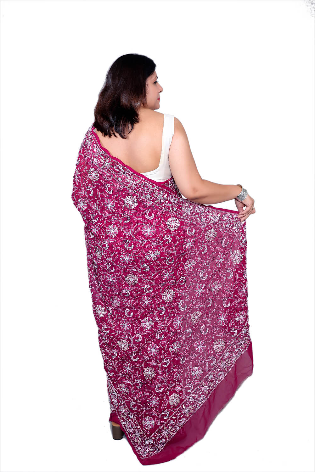 Rani Pink Georgette Saree with Gotapatti Chikankari Embroidery