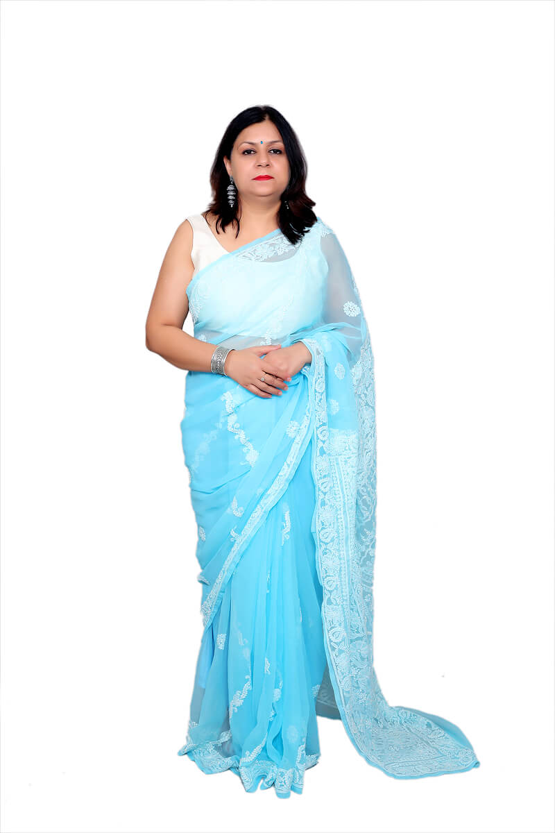 Sky Blue Chikankari Saree with Delicate Hand-Embroidered Floral and Leaf Motifs
