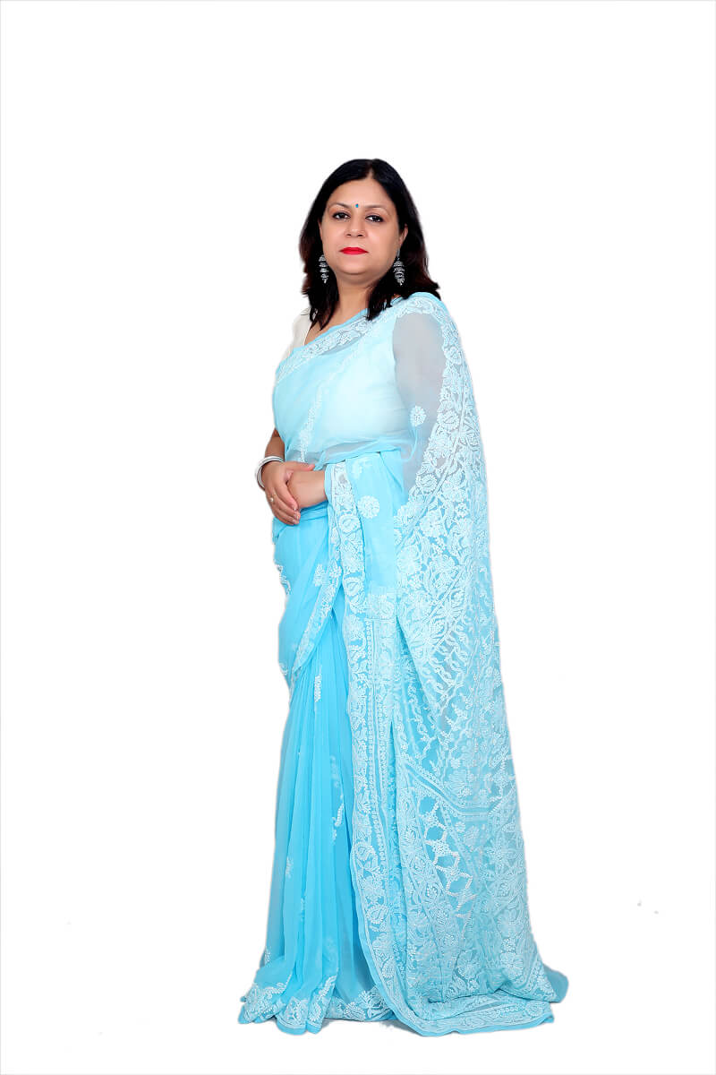 Sky Blue Chikankari Saree with Delicate Hand-Embroidered Floral and Leaf Motifs