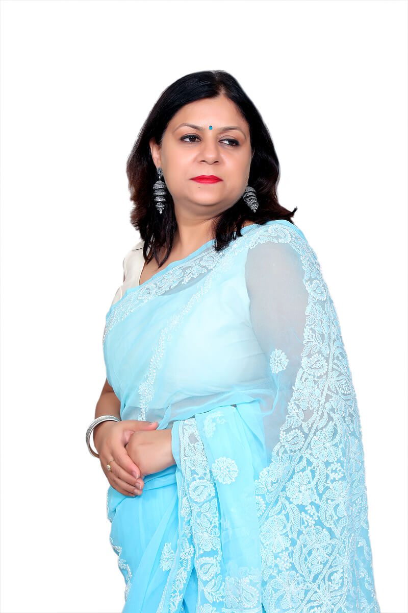 Sky Blue Chikankari Saree with Delicate Hand-Embroidered Floral and Leaf Motifs