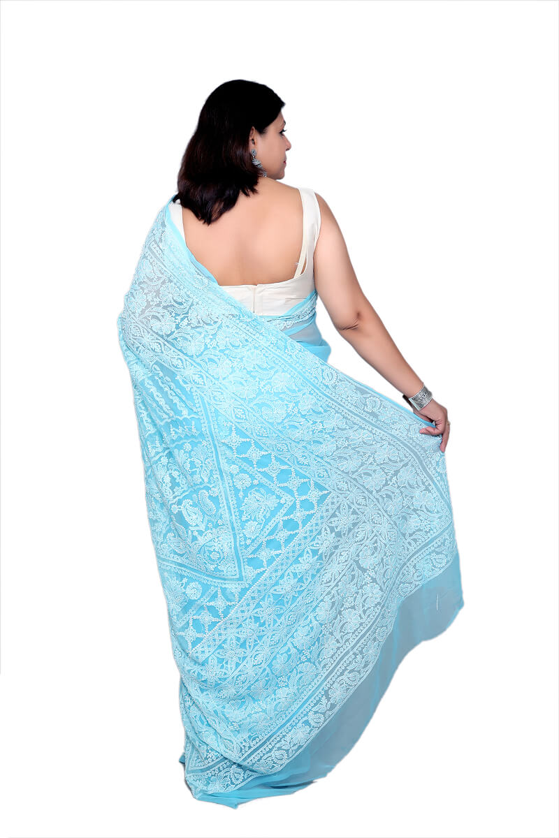 Sky Blue Chikankari Saree with Delicate Hand-Embroidered Floral and Leaf Motifs