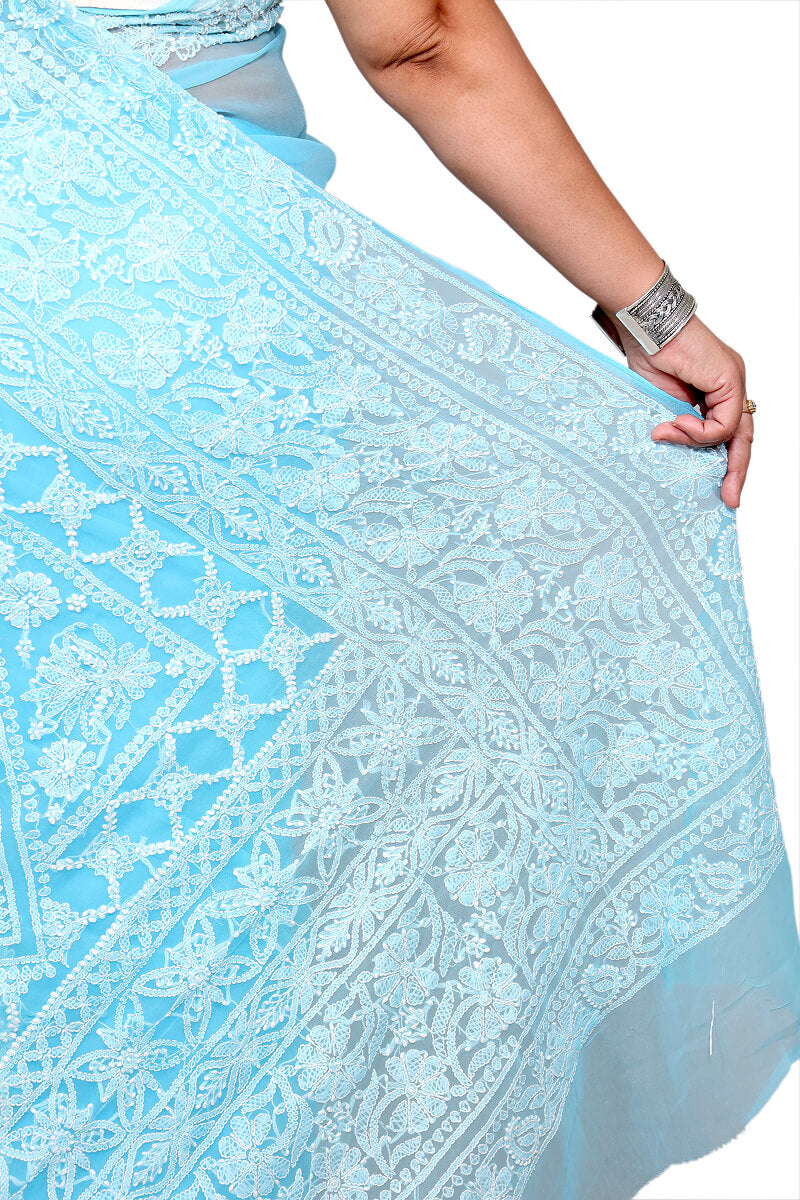 Sky Blue Chikankari Saree with Delicate Hand-Embroidered Floral and Leaf Motifs