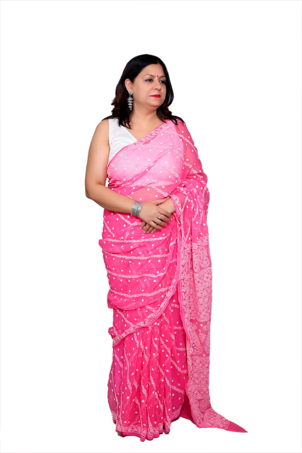 Hot Pink Georgette Saree with Delicate Chikankari Work