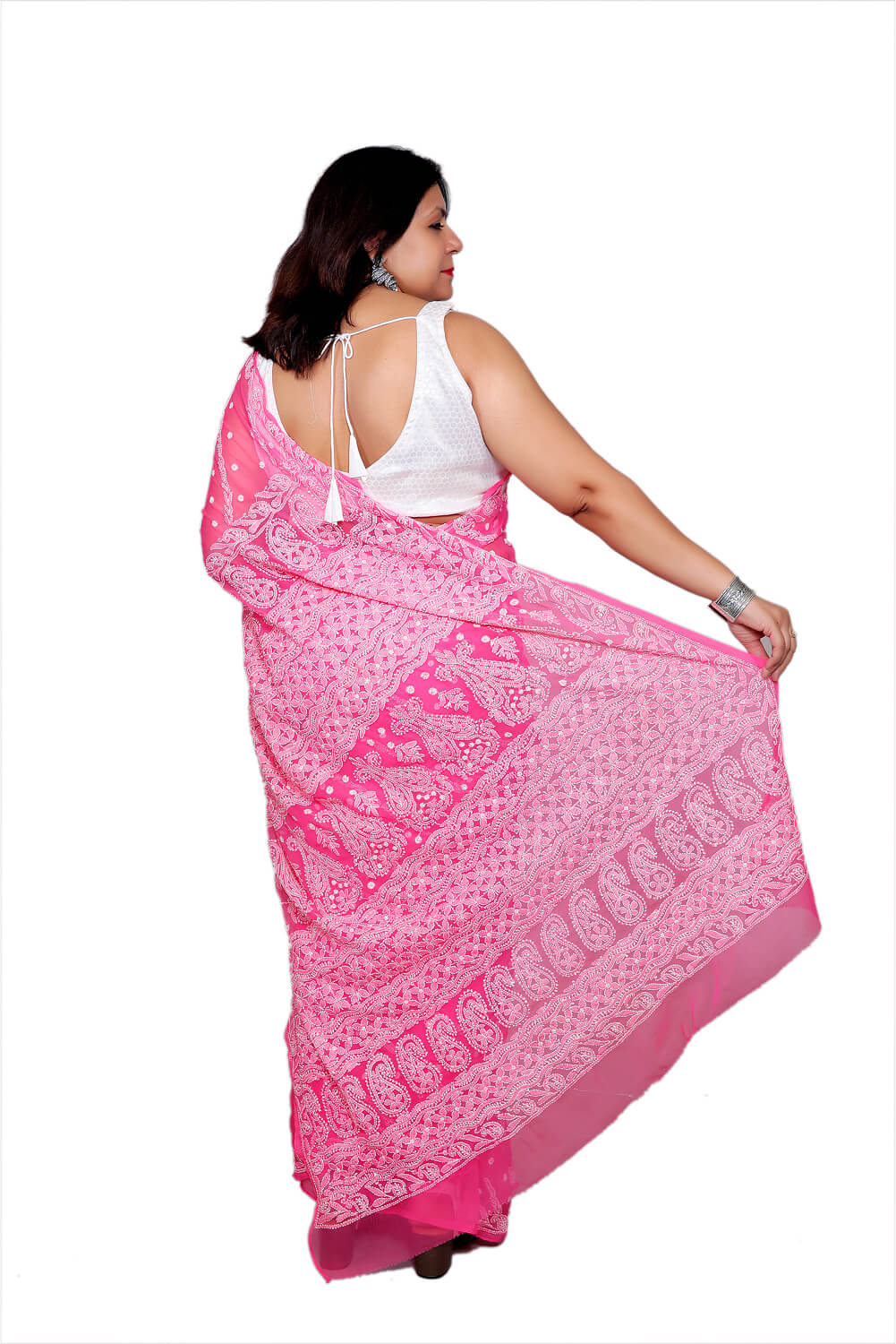 Hot Pink Georgette Saree with Delicate Chikankari Work