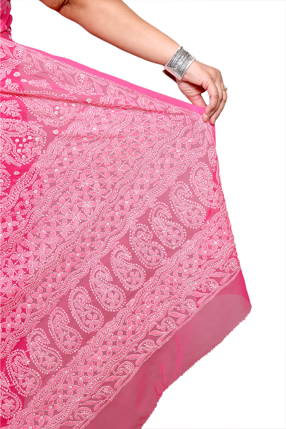 Hot Pink Georgette Saree with Delicate Chikankari Work