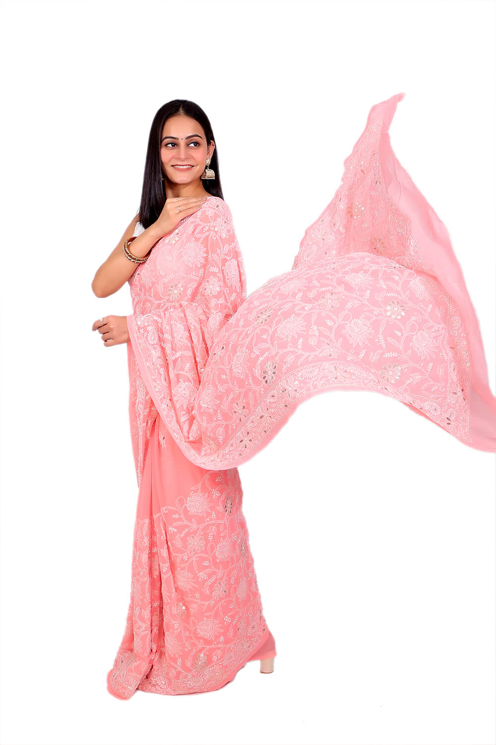 Soft Peach Georgette Saree with Gotapatti Chikankari Embroidery