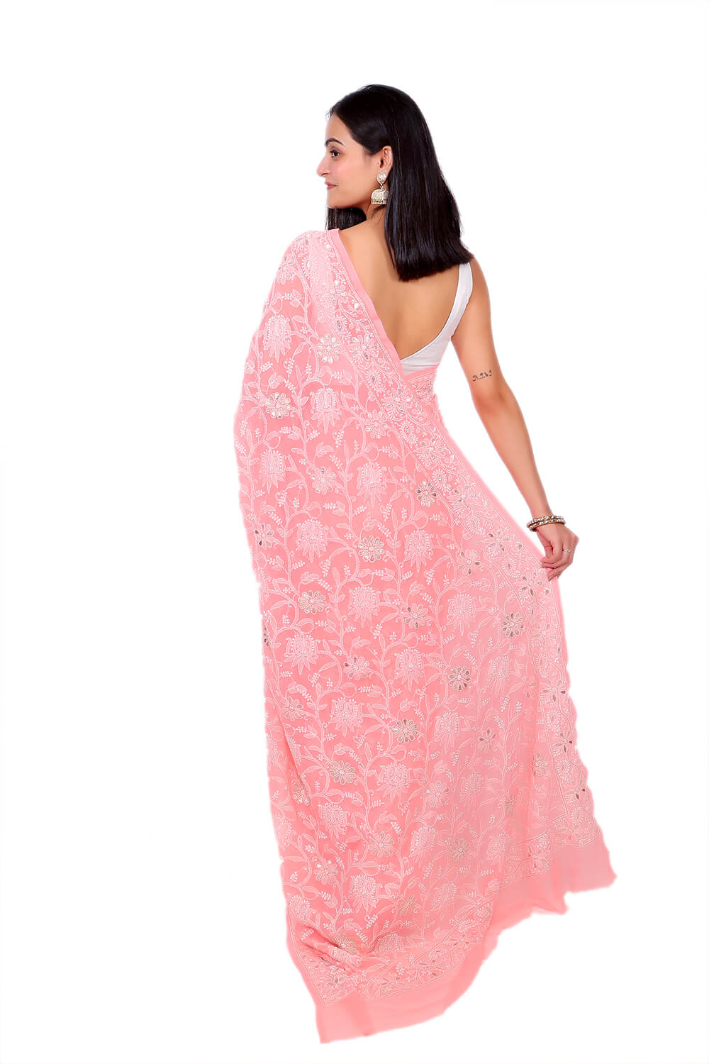 Soft Peach Georgette Saree with Gotapatti Chikankari Embroidery