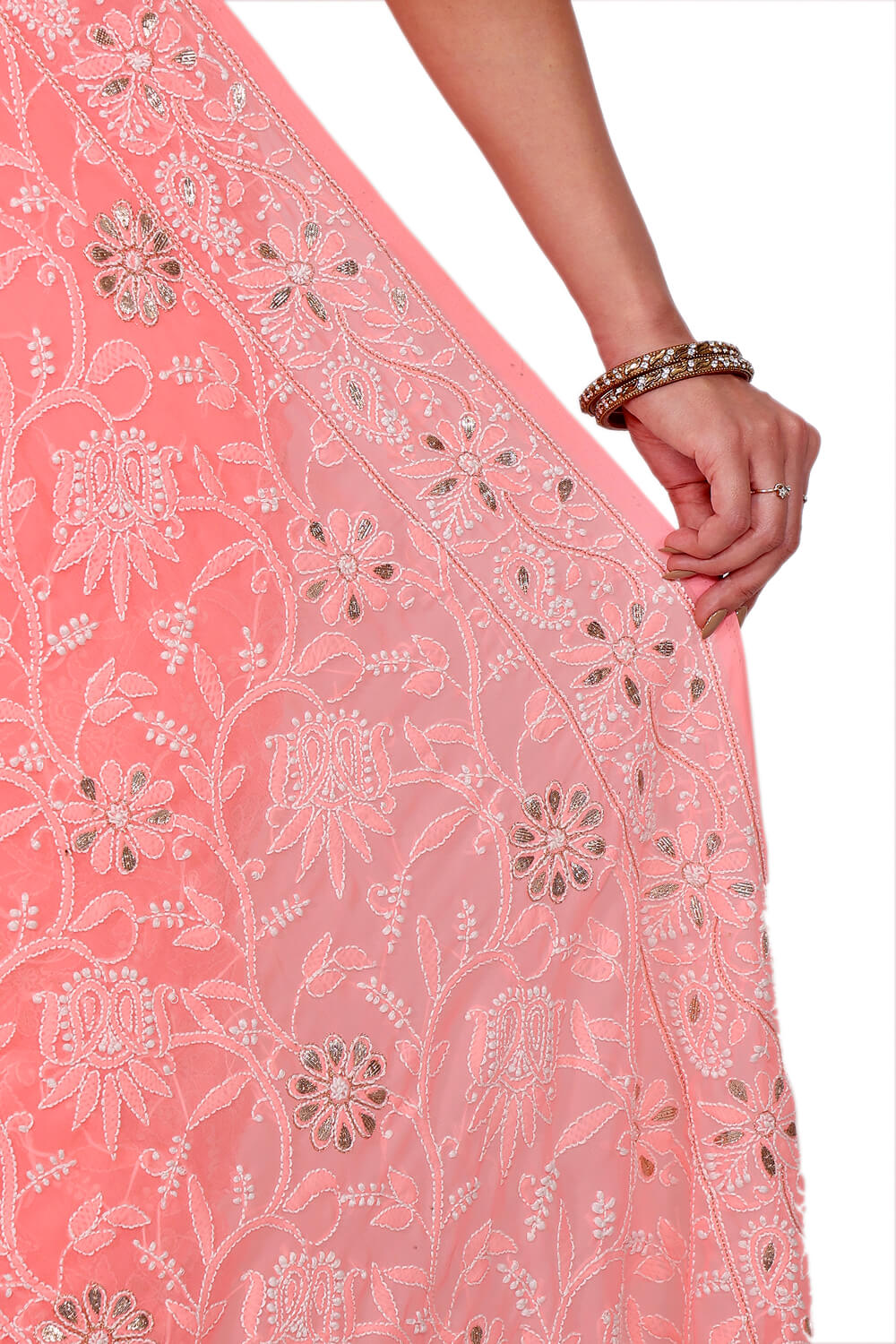 Soft Peach Georgette Saree with Gotapatti Chikankari Embroidery