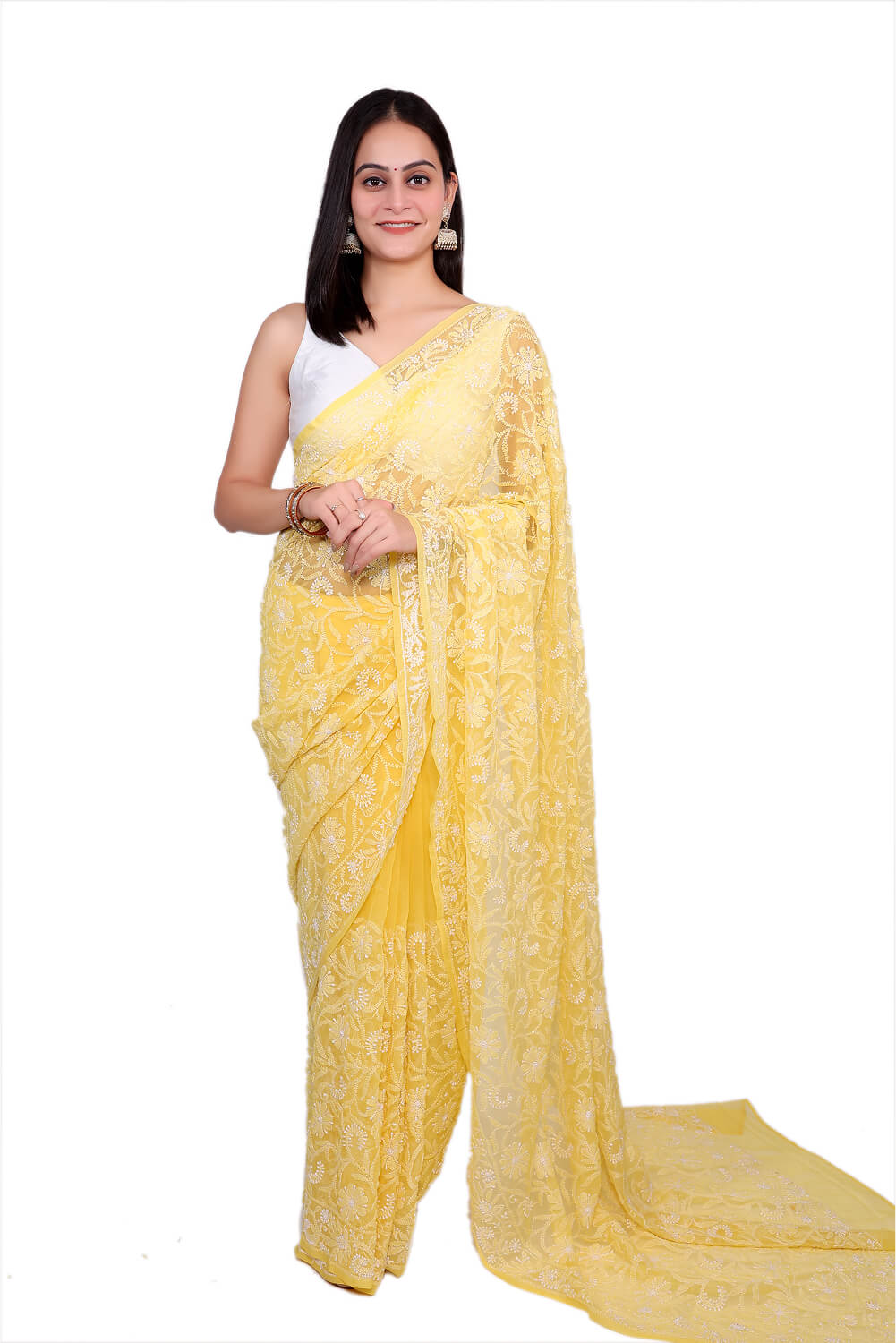 Yellow Georgette Saree with Bold Chikankari Embroidery