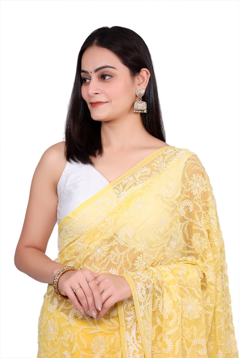 Yellow Georgette Saree with Bold Chikankari Embroidery