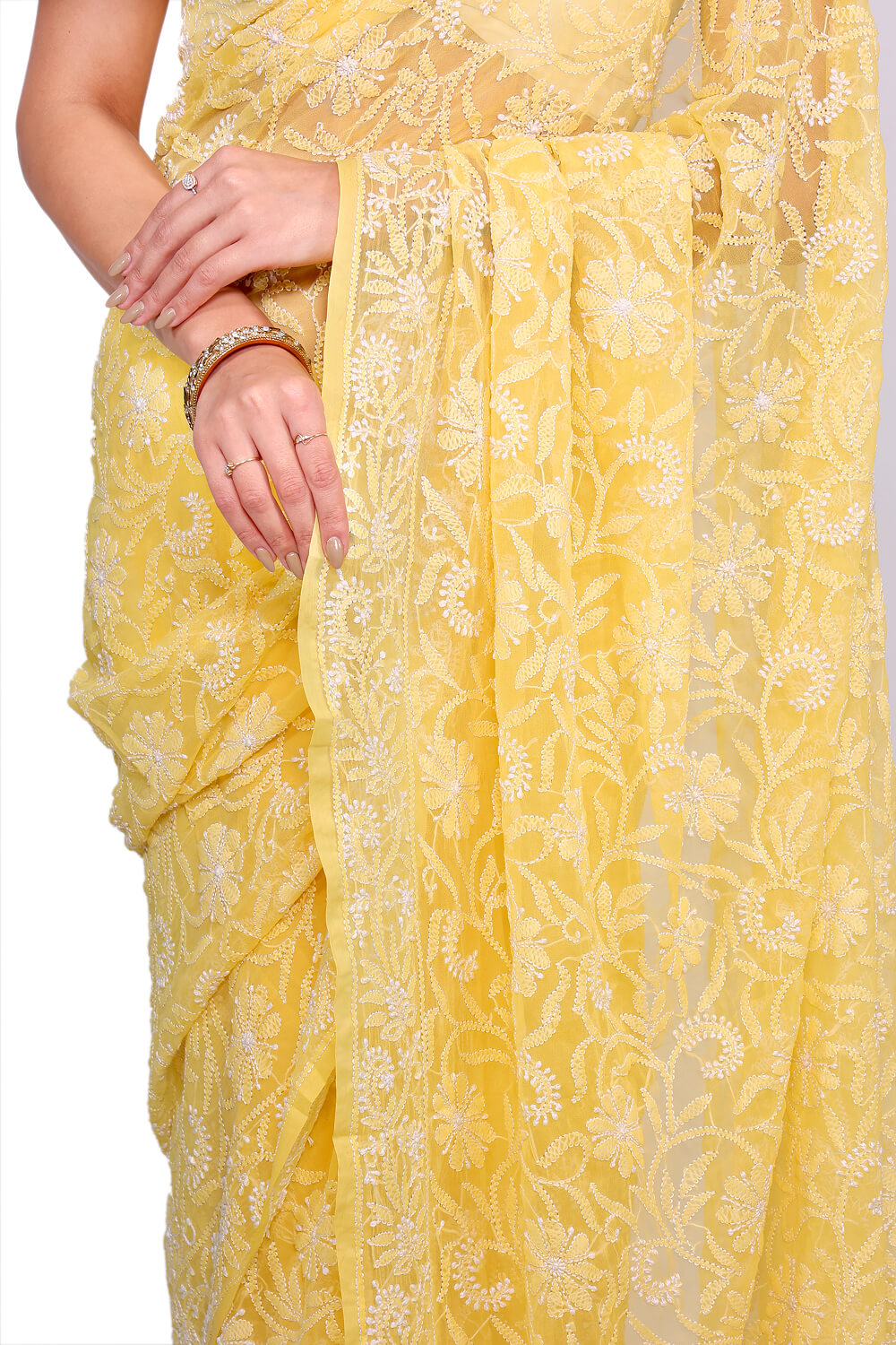 Yellow Georgette Saree with Bold Chikankari Embroidery