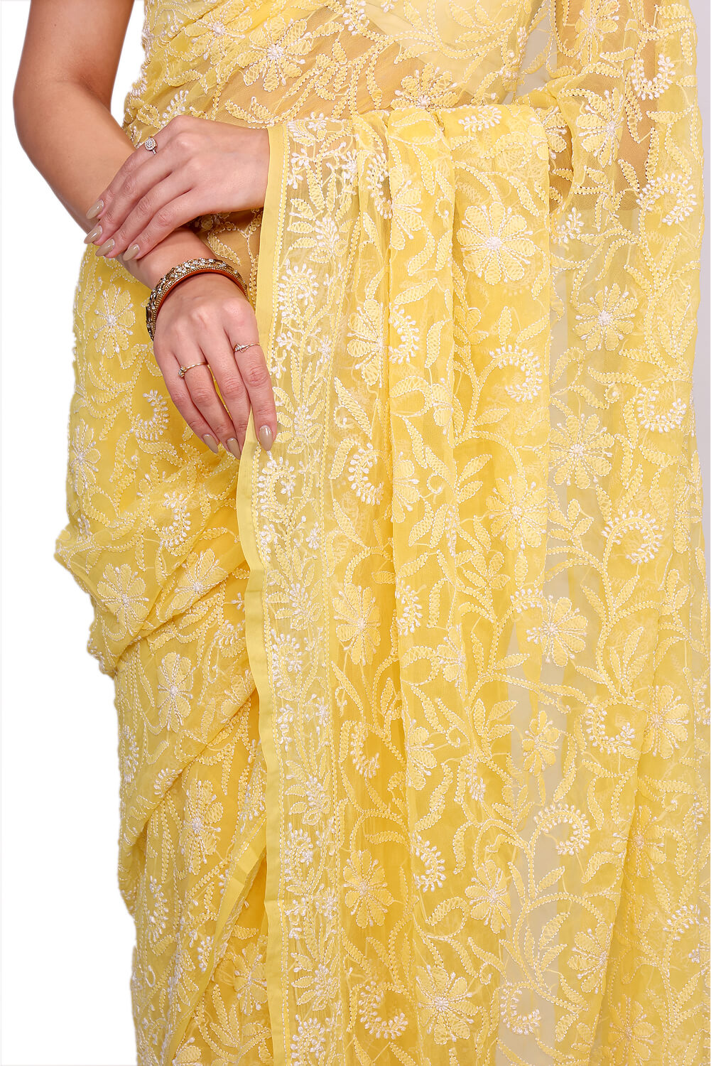 Yellow Georgette Saree with Bold Chikankari Embroidery