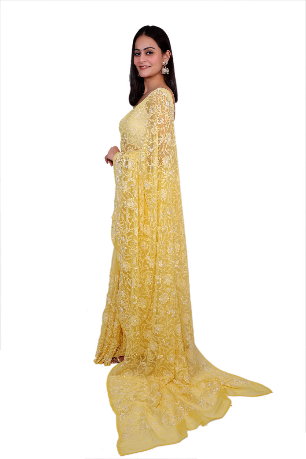 Yellow Georgette Saree with Bold Chikankari Embroidery