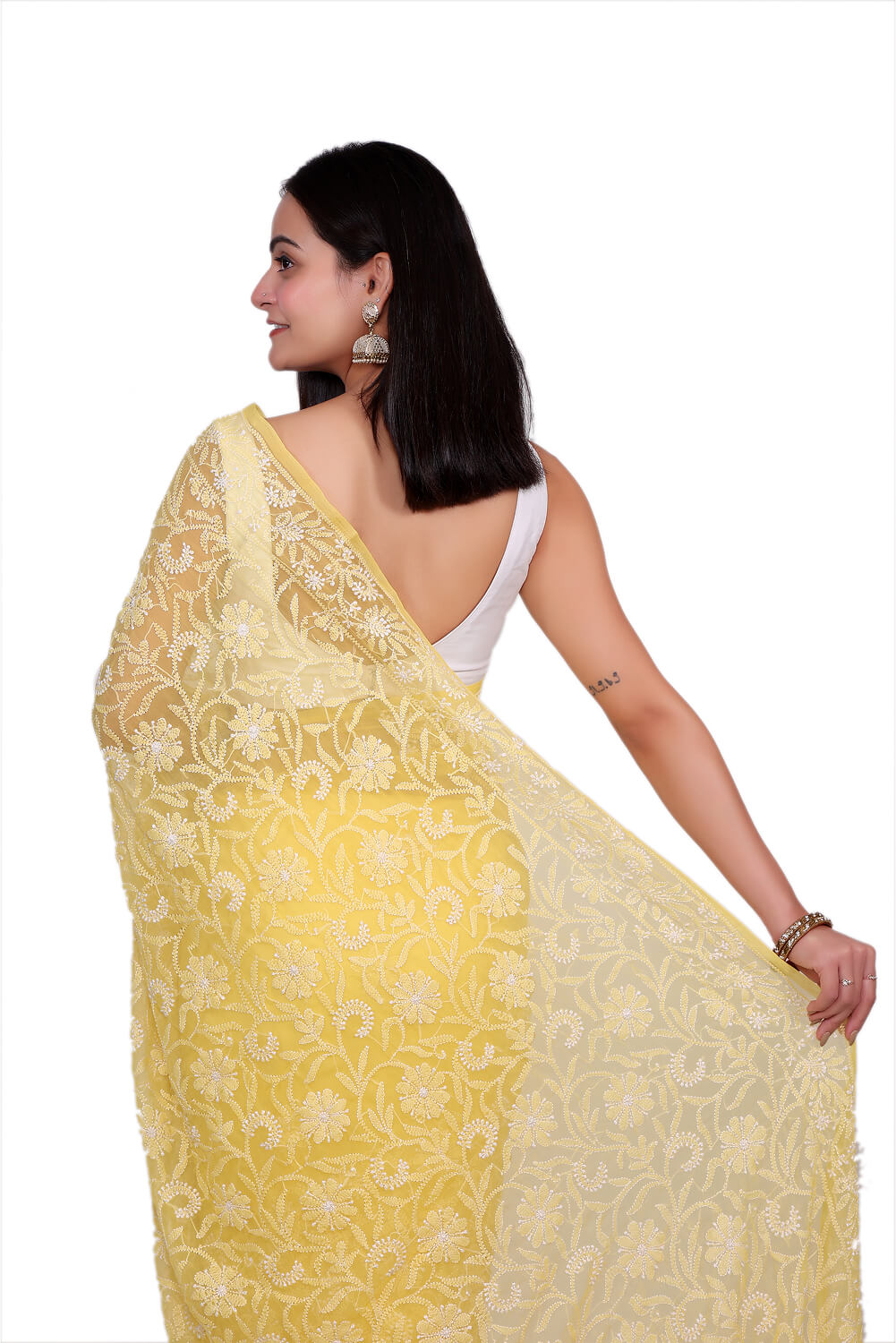 Yellow Georgette Saree with Bold Chikankari Embroidery
