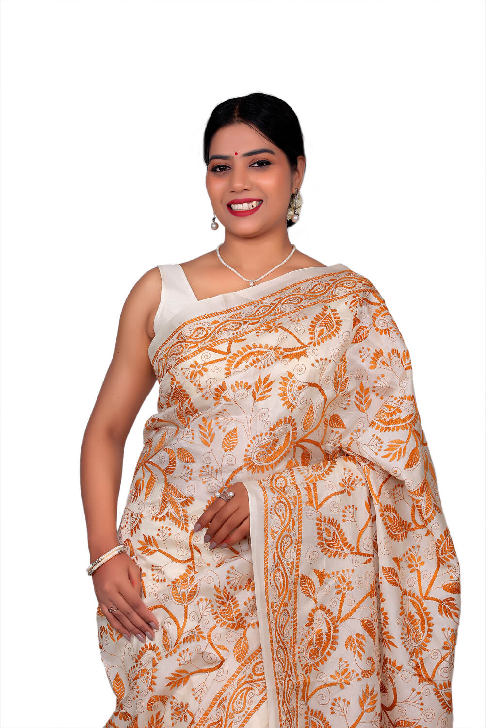 Ivory & Mustard Katan Silk Kantha Work Saree