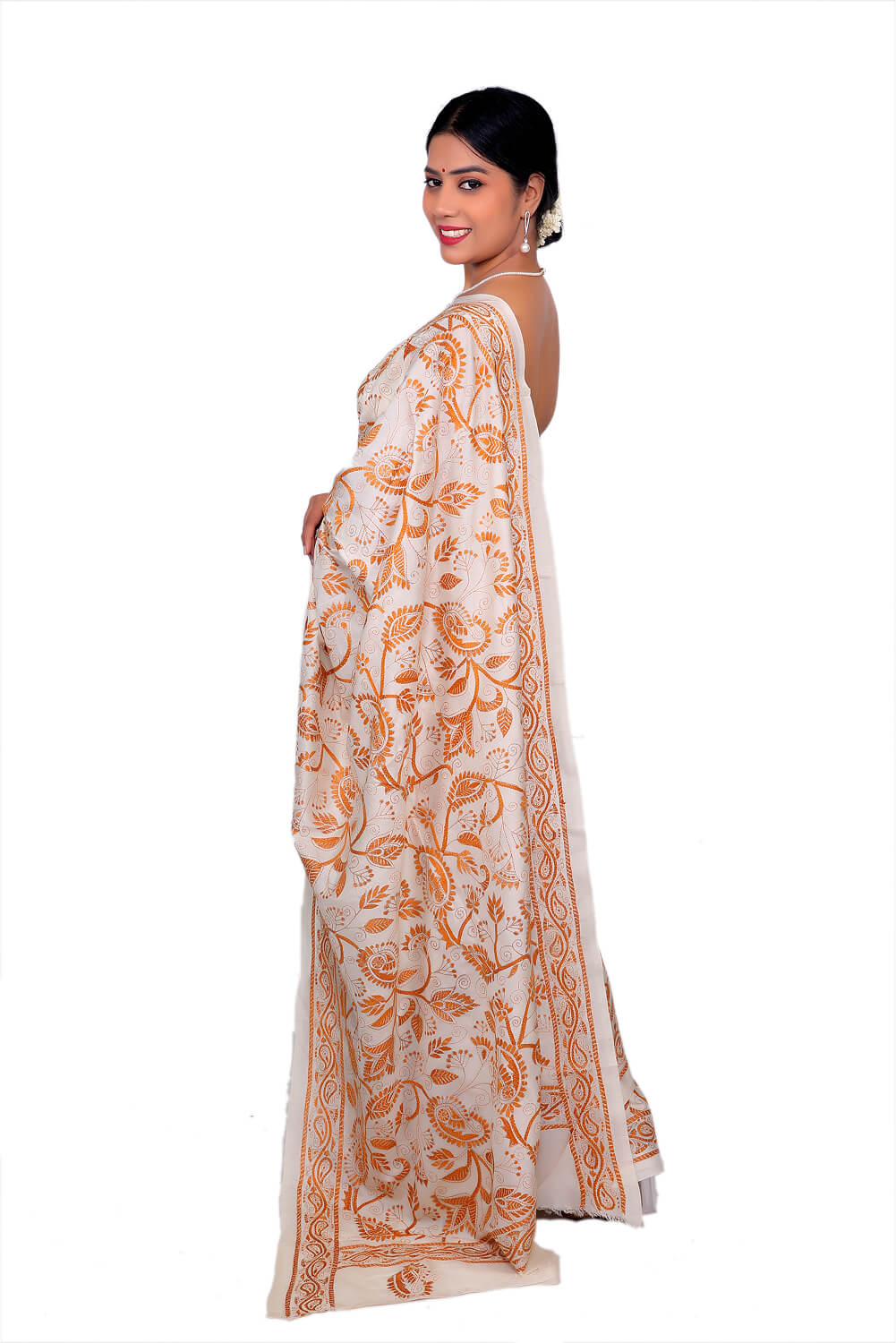 Ivory & Mustard Katan Silk Kantha Work Saree