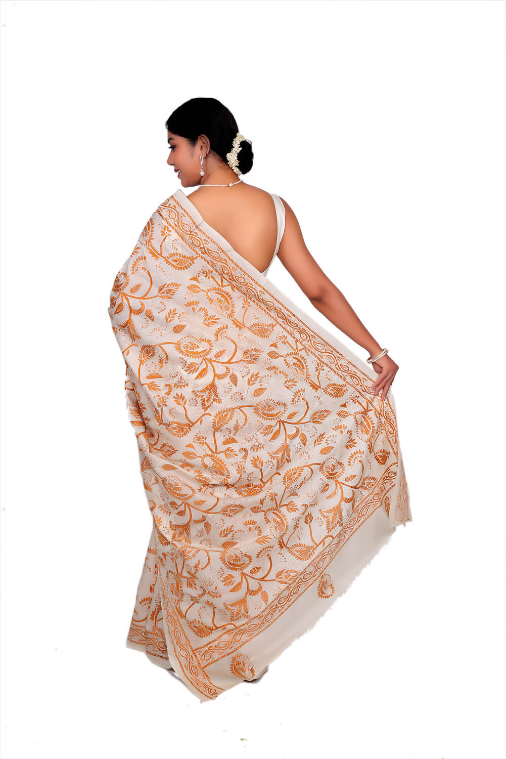 Ivory & Mustard Katan Silk Kantha Work Saree