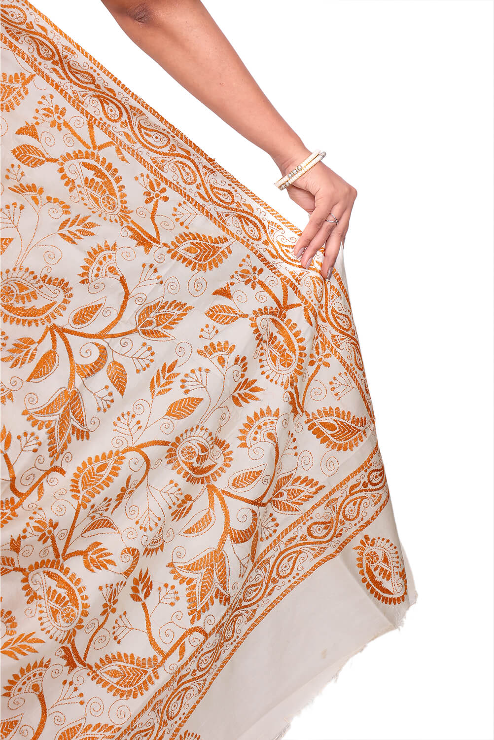 Ivory & Mustard Katan Silk Kantha Work Saree