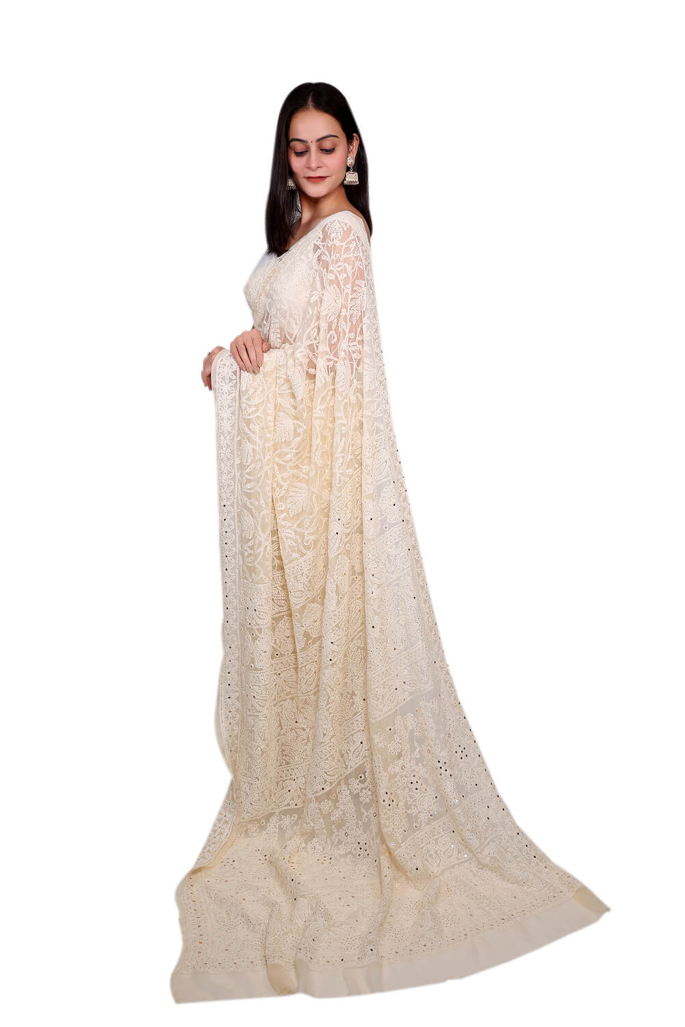 Ivory Georgette Chikankari Saree with Mukesh Work