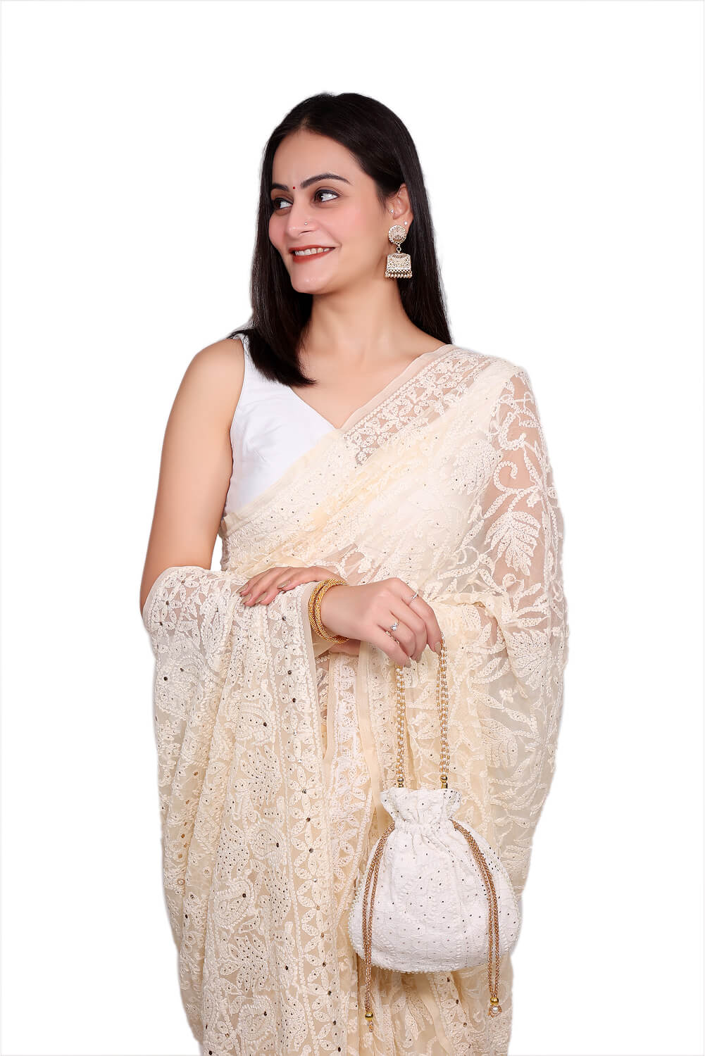 Ivory Georgette Chikankari Saree with Mukesh Work