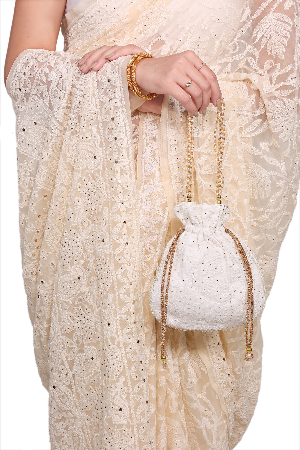 Ivory Georgette Chikankari Saree with Mukesh Work