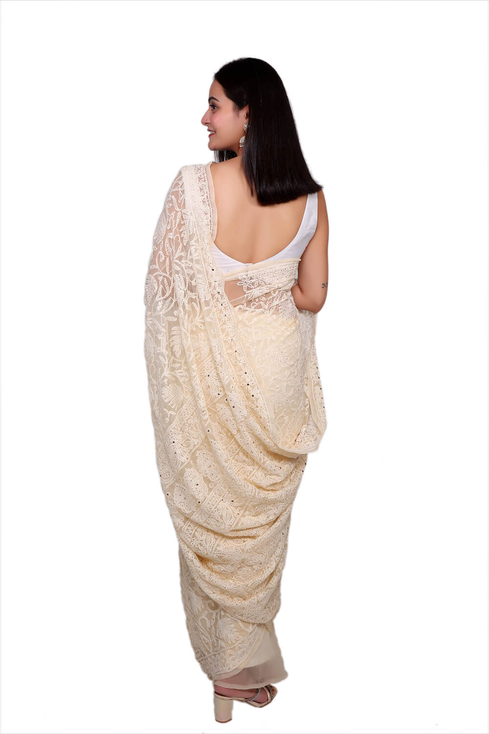 Ivory Georgette Chikankari Saree with Mukesh Work