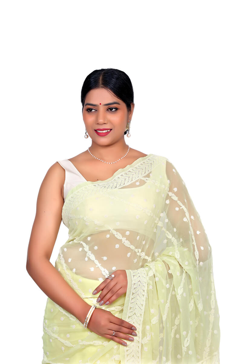 Lime pastel Georgette Saree with Delicate Chikankari Work