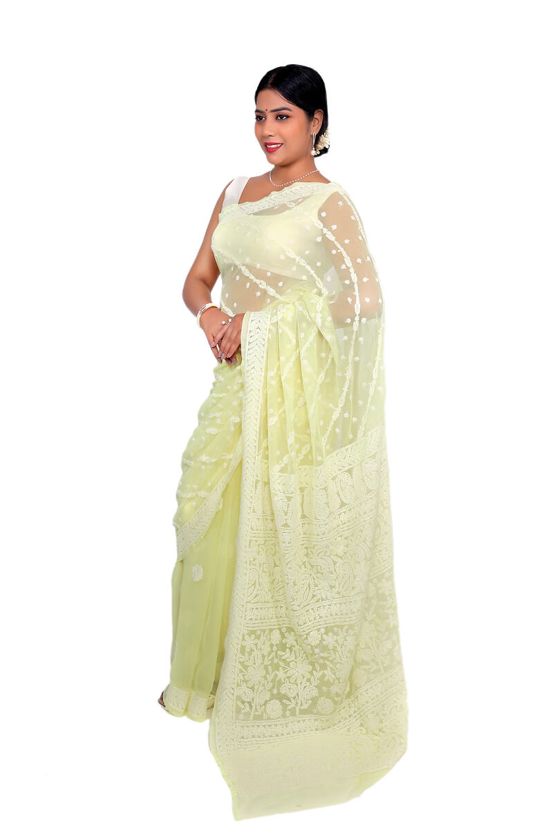Lime pastel Georgette Saree with Delicate Chikankari Work