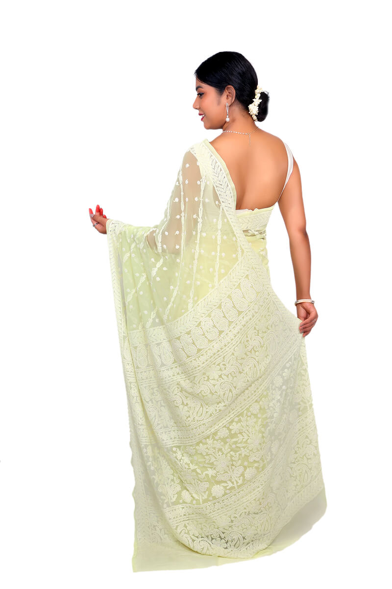 Lime pastel Georgette Saree with Delicate Chikankari Work