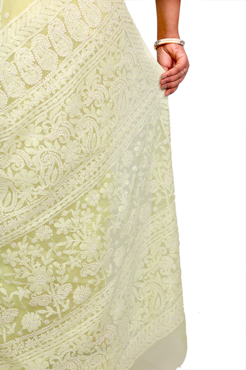 Lime pastel Georgette Saree with Delicate Chikankari Work