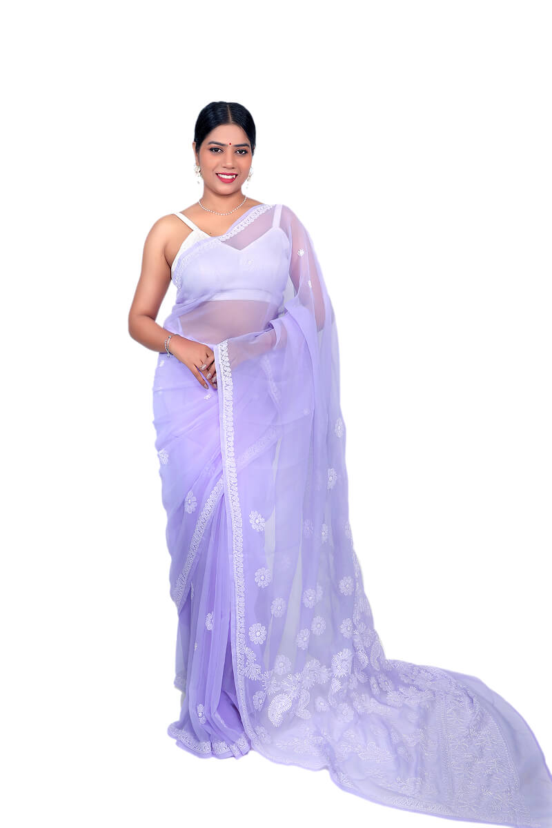 Lavender Georgette Saree with Classic Chikankari Embroidery