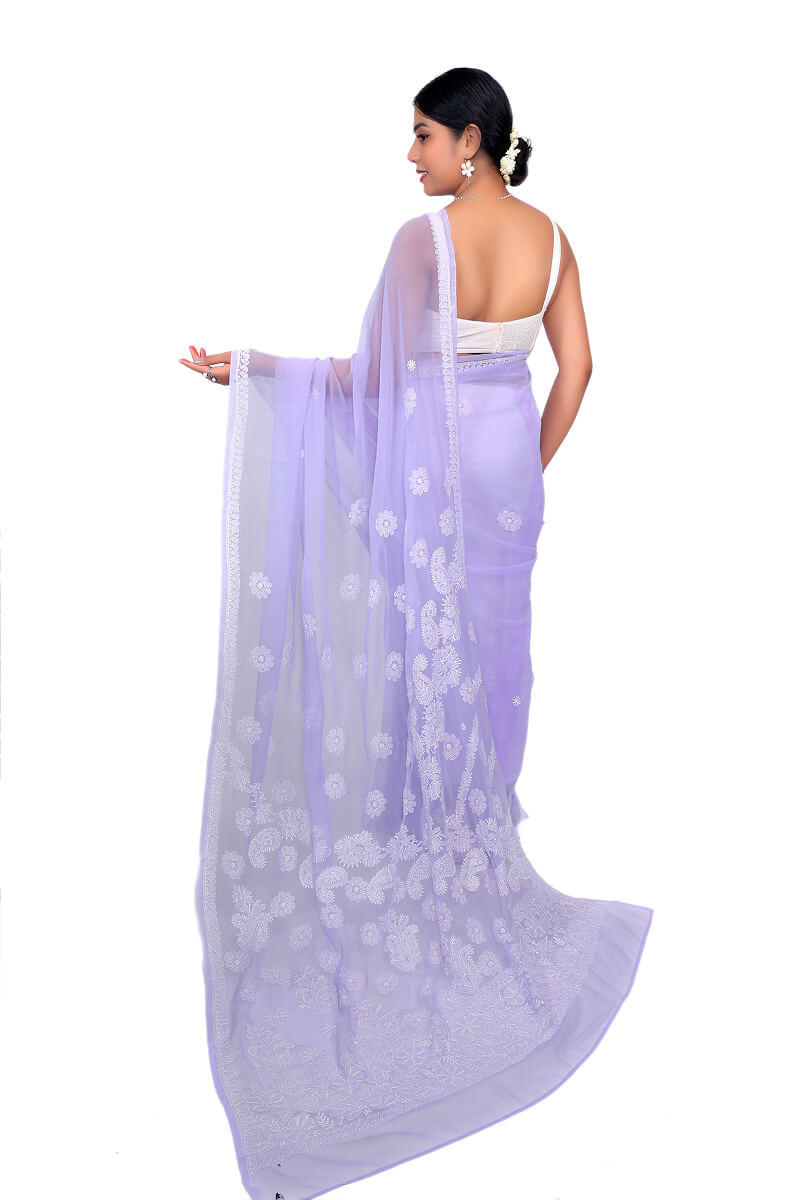 Lavender Georgette Saree with Classic Chikankari Embroidery