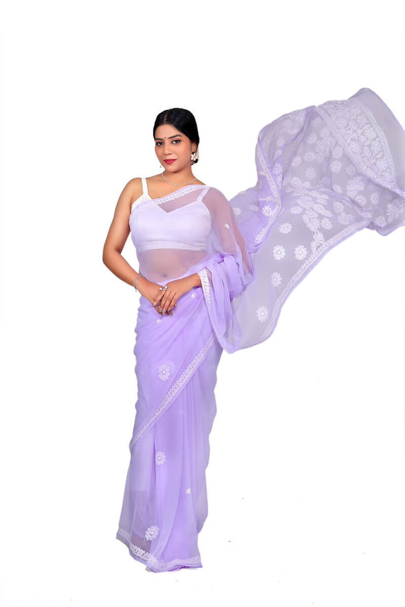 Lavender Georgette Saree with Classic Chikankari Embroidery