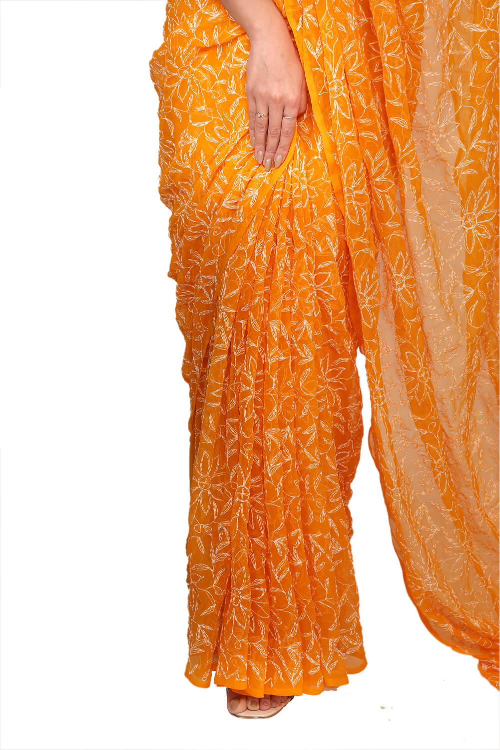 Orange Chikankari Saree with Handcrafted Floral Beauty