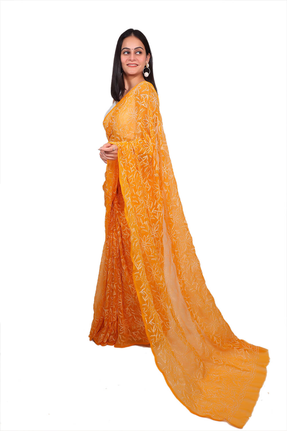 Orange Chikankari Saree with Handcrafted Floral Beauty