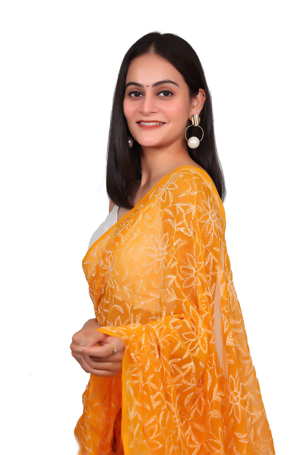 Orange Chikankari Saree with Handcrafted Floral Beauty