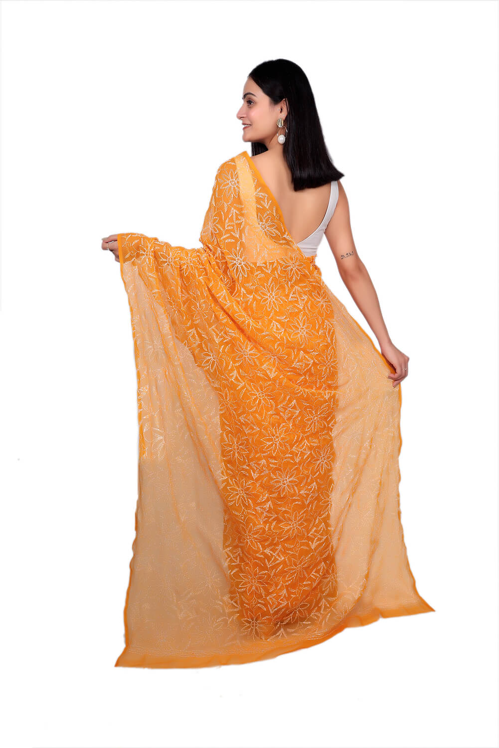 Orange Chikankari Saree with Handcrafted Floral Beauty