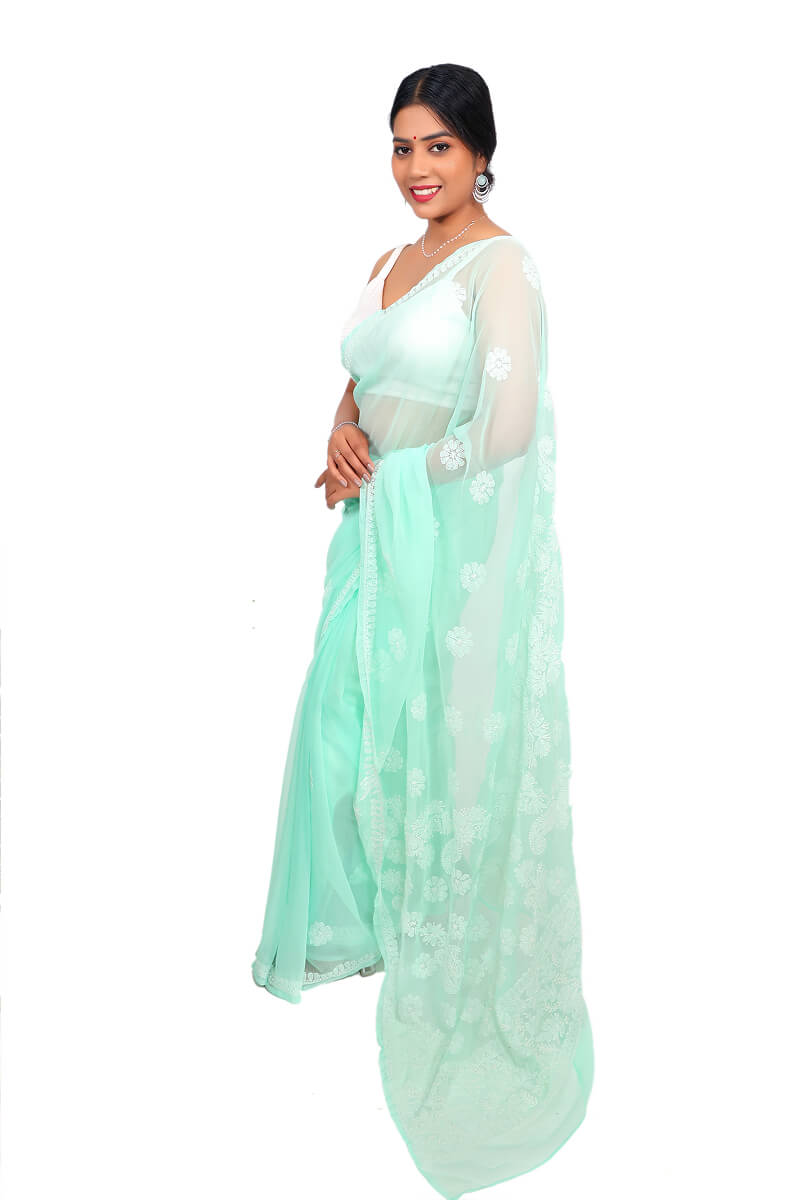 Mint green Georgette Saree with Classic Chikankari Embroidery