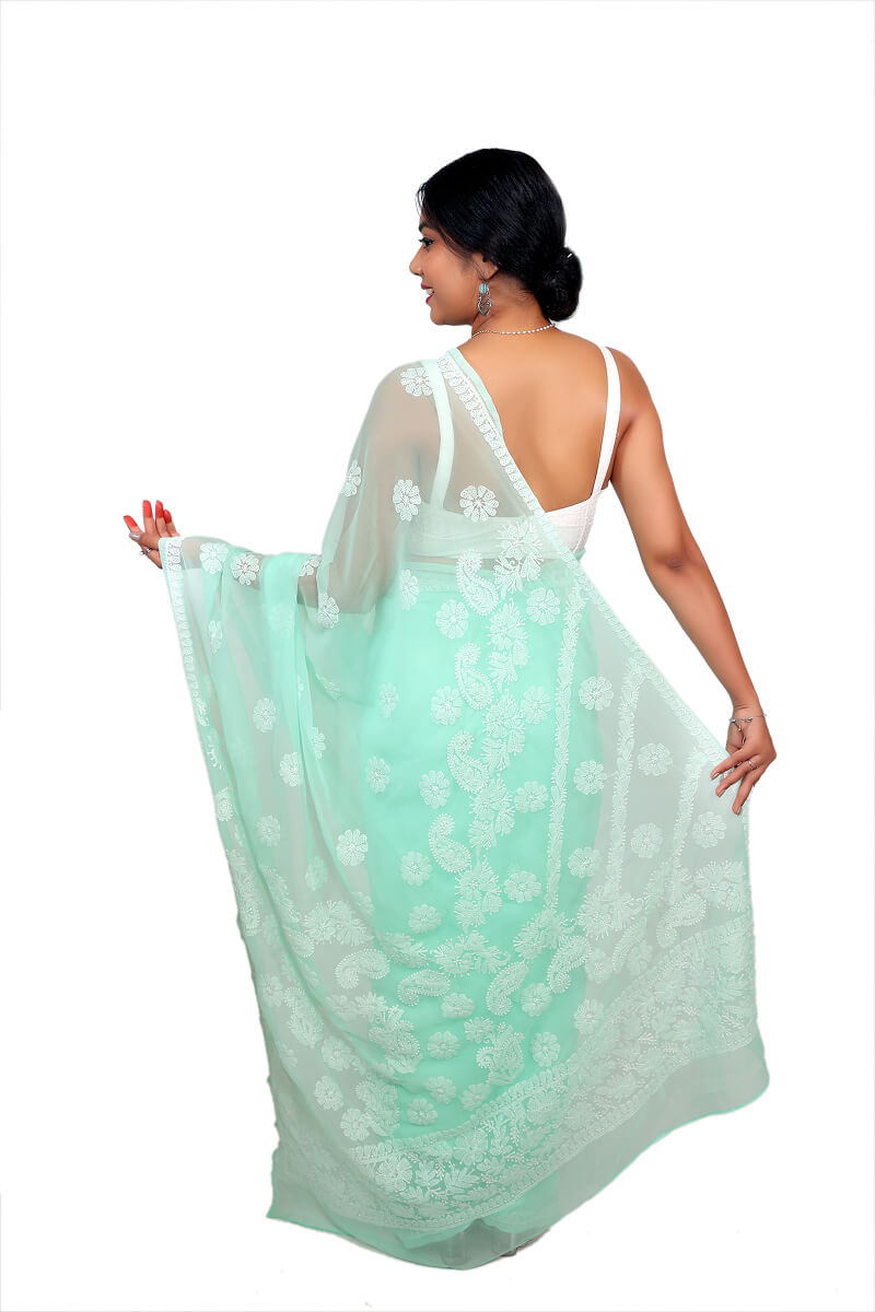 Mint green Georgette Saree with Classic Chikankari Embroidery