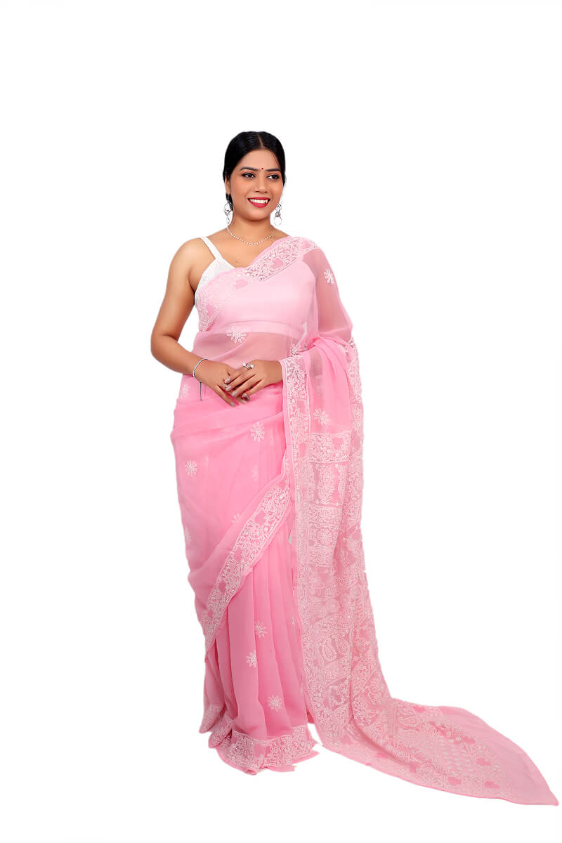 Blush Pink Georgette Saree with Intricate White Chikankari Embroidery