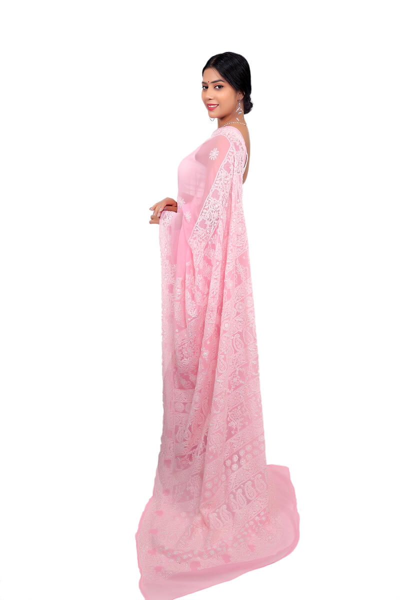 Pink Georgette Chikankari Saree with White Floral and jali work