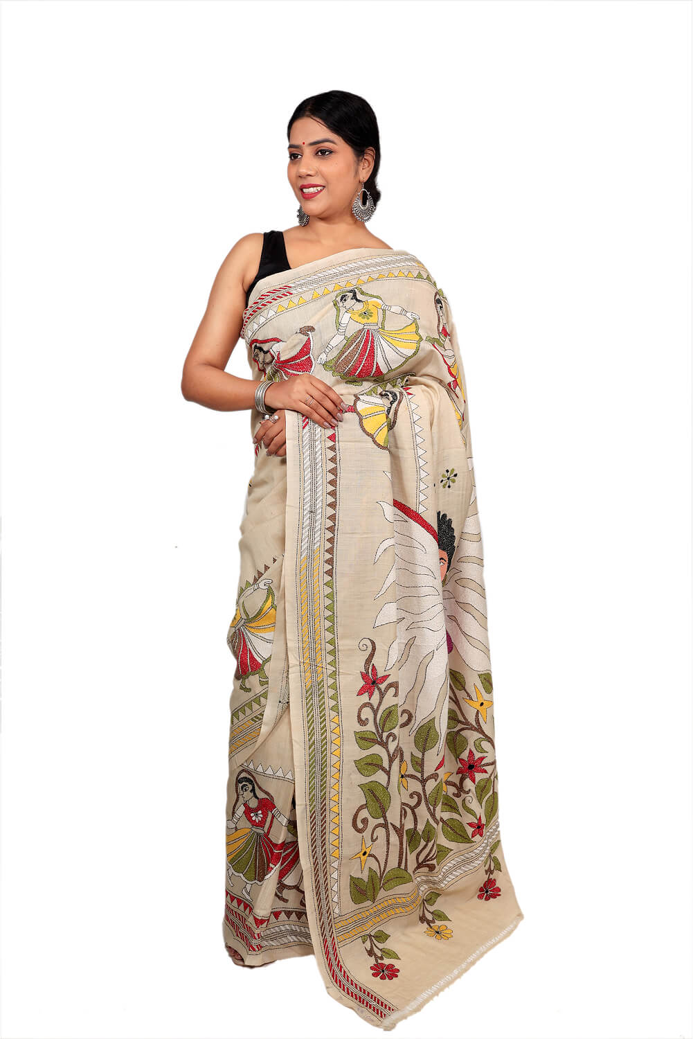 Beige Chanderi Silk Kantha Work Saree