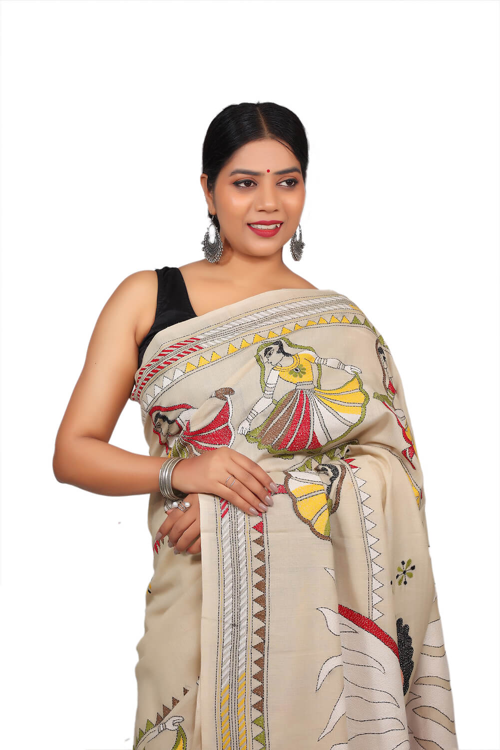 Beige Chanderi Silk Kantha Work Saree